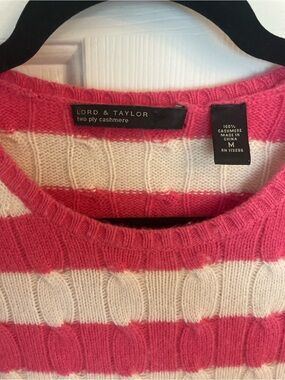 Lord & Taylor Hot Pink and Cream Striped Cashmere Crewneck